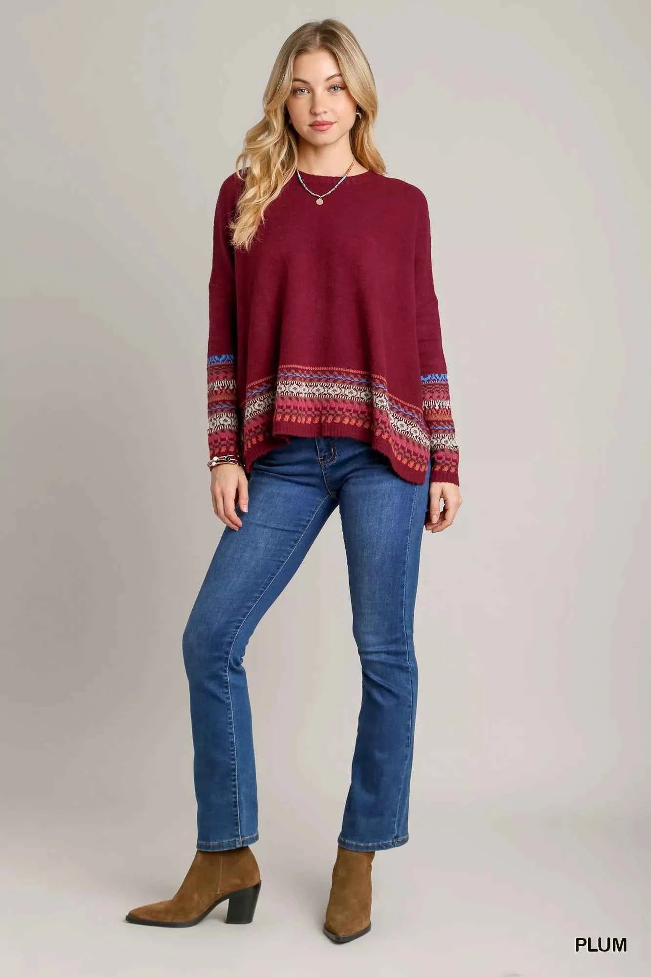 Umgee Long Sleeve Round Neck Knit Top with Side Slits and Stitch Detail 84f97f38-2af6-4a38-9a53-85e0b8f52f58-Max-Origin