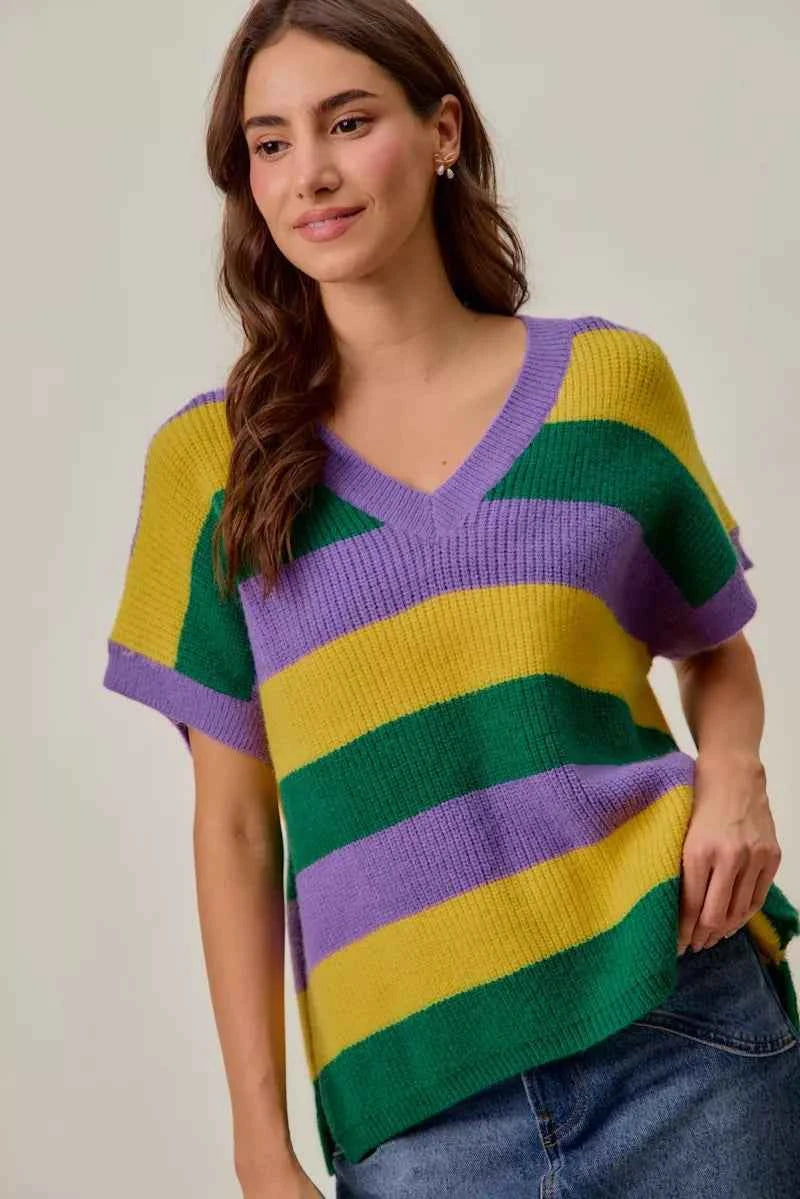 SO ME Mardi Gras Loose Fit V Neck Stripe Sweater Top 84fac7405aa84154acb9b0581786764d-Max-Origin