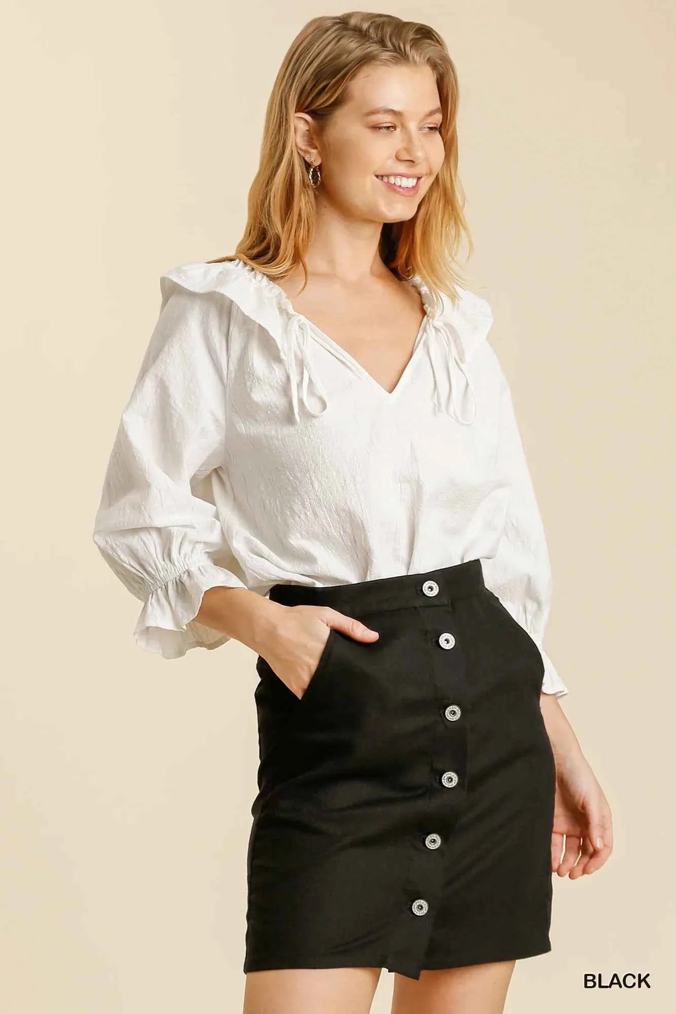 Umgee Linen Blend Button Down Skirt with Pockets Black 84ffbf6c-6b50-46a6-ac3b-c6a2756f7d5d-Max-Origin