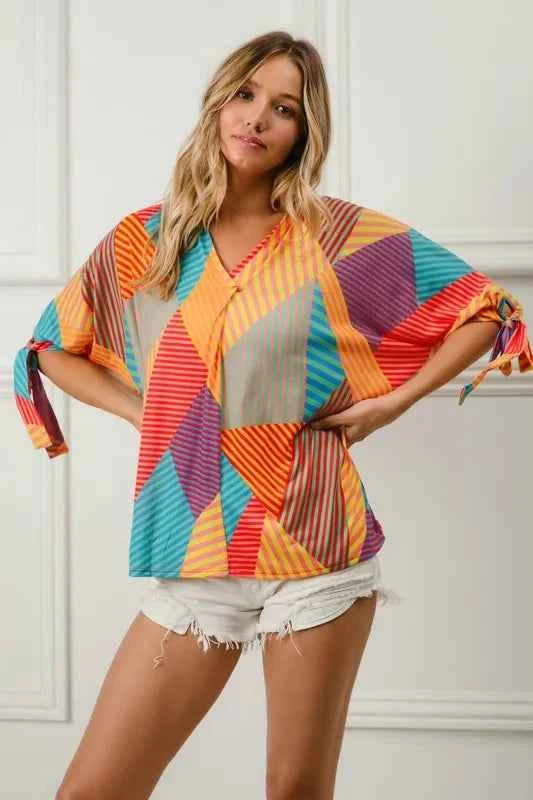 Multi Stripe Block Printed Jersey Blouse with Tied Sleeves 8501a7e3-034f-4a4f-a536-88ce795445da-Max-Origin