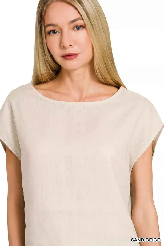 Linen Round Neck Cap Sleeve Top 8503cea4be51468b97b0820191626751-Max-Origin