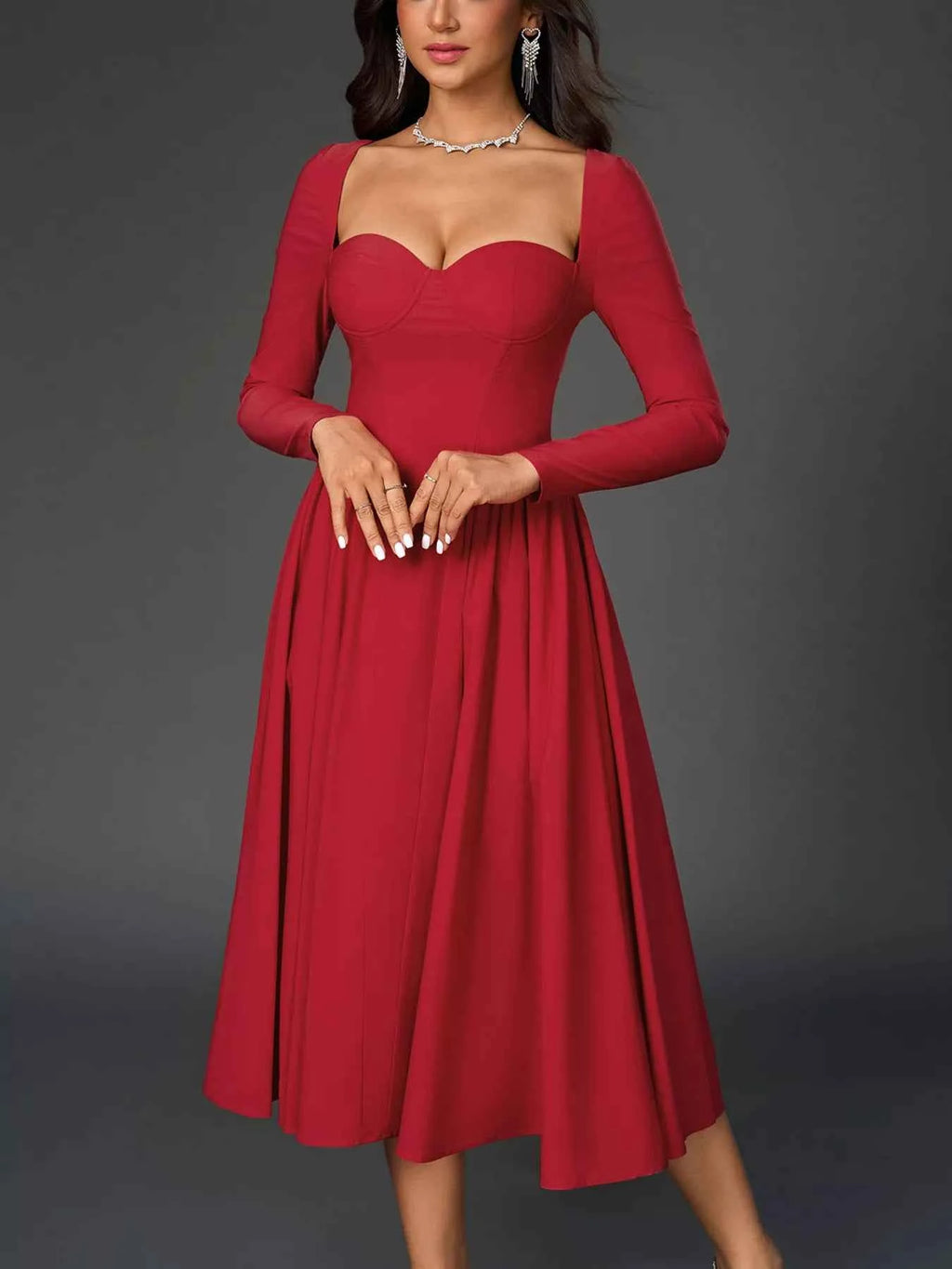 Sweetheart Neckline Long Sleeve A-Line Midi Dress 8506709ad1c54c52973d344c971a2093-Max-Origin