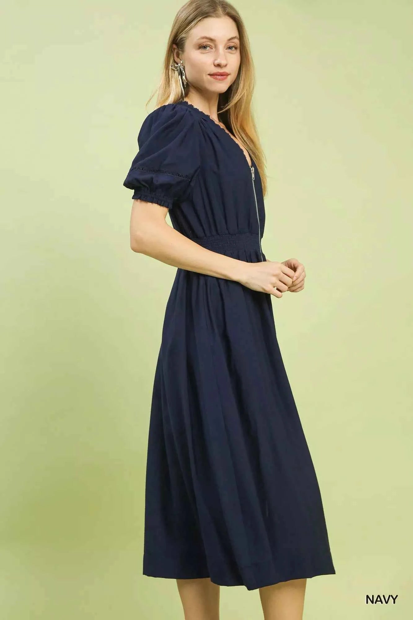 Umgee Zip-Front Smocked Waist Midi Dress 85069b67-ed39-41ec-8e3c-45573c81cd68-Max-Origin