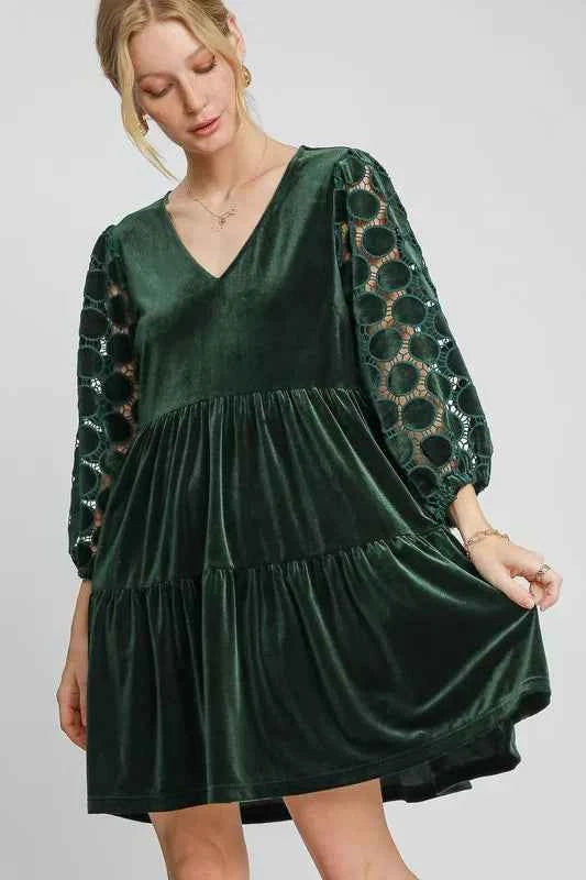 Umgee Dotted Lace Sleeve Tiered Velvet Mini Dress Dark Green 8508d4dc-316a-48e4-848d-88e387832d3e-Max