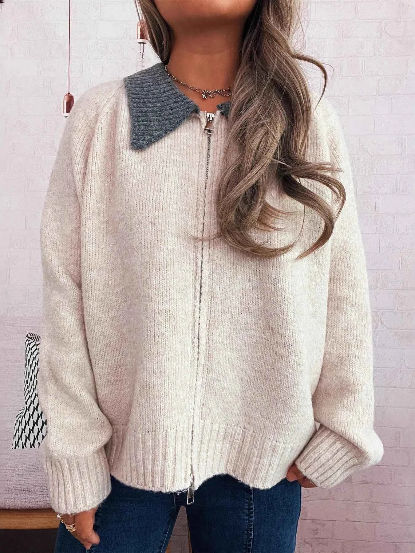 Contrast Collar Zip-Up Cardigan 8509d42766cb4968bfa2787ca710b5ab-Max-Origin