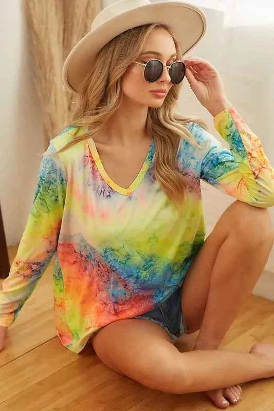 Tie Dye Long Sleeve V-Neck T-Shirt LIME MULTI 850fcc3d9b724406bcf3d54e3a6cc5f7-Max-Origin