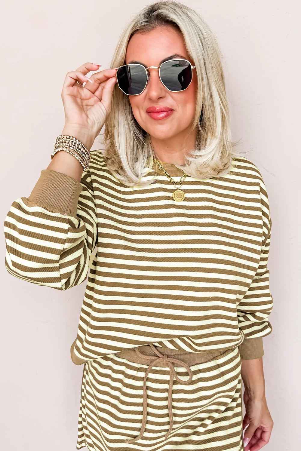 Black Stripe Textured Drop Shoulder Pullover Top Drawstring Mini Skirt Two Piece Dress Set 85137cbe9eee743b