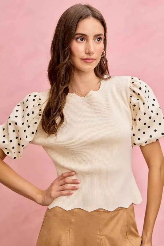 Polka Dot Contrast Woven Ballon Sleeve Blouse 8517a7cfc0fa435e848f672a2907647e-Max-Origin