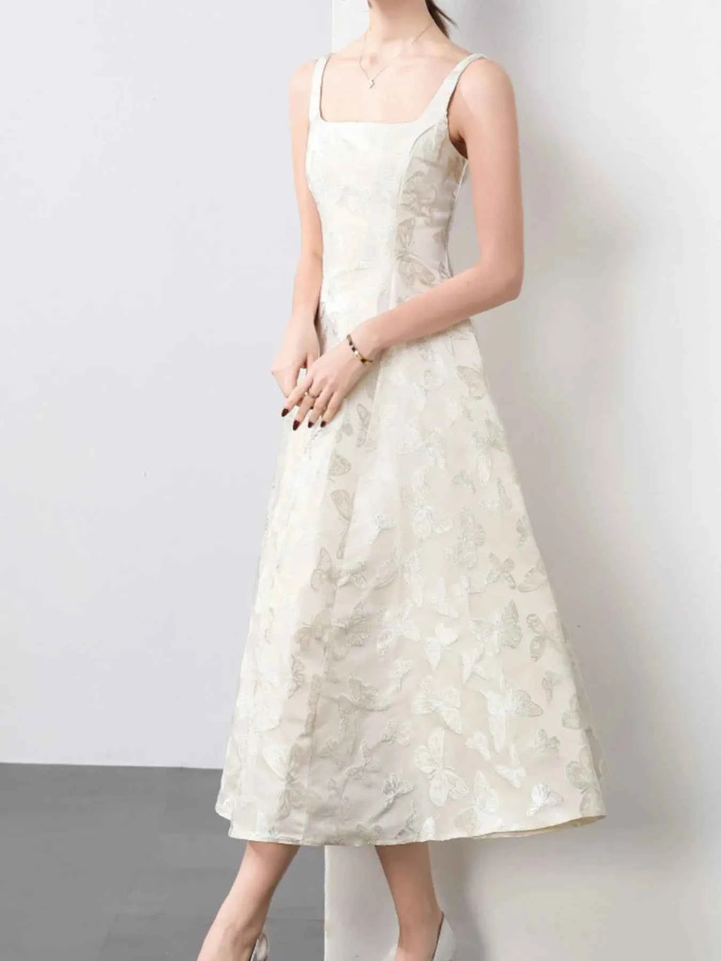 Butterfly Pattern A-Line Sleeveless Midi Dress