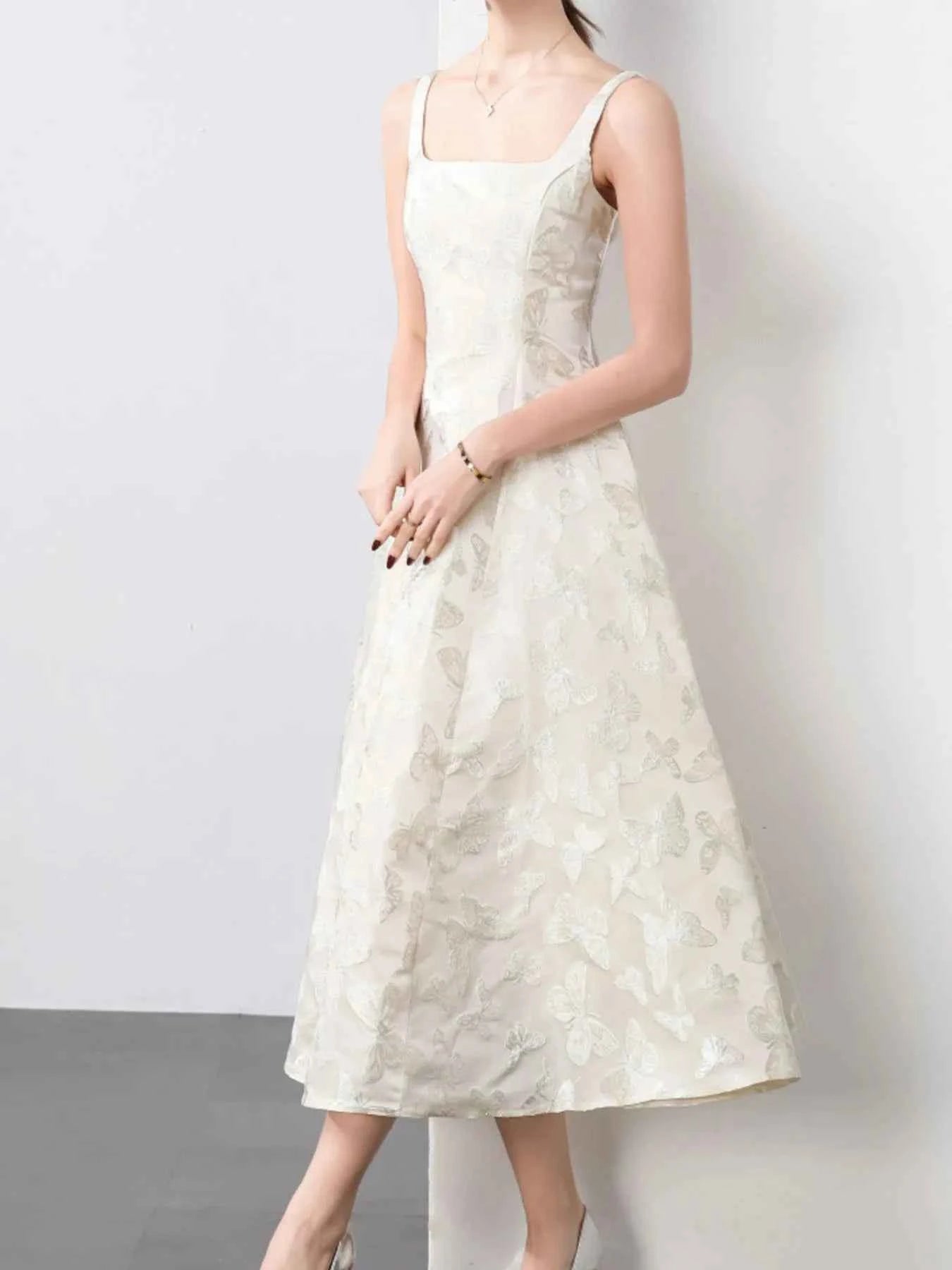 Butterfly Pattern A-Line Sleeveless Midi Dress