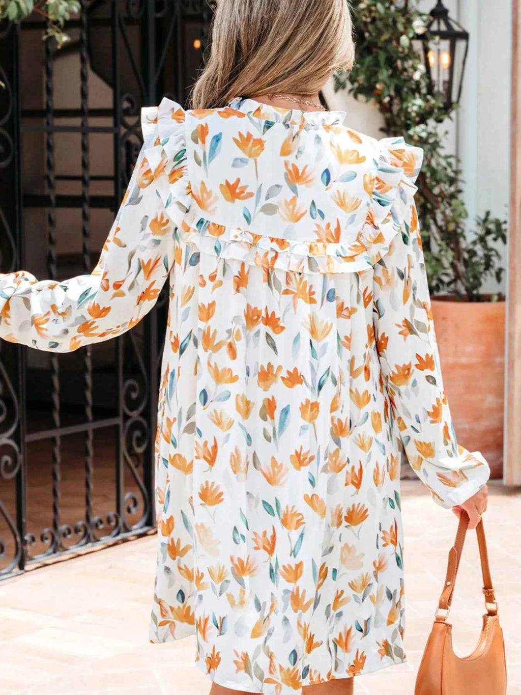 Floral Print Tie Neck Frilled Detail Long Sleeve Mini Dress 85234cbf-de5f-4de5-8145-e6363a825841-Max-Origin
