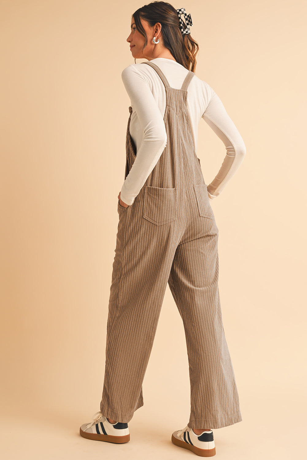 Jungle Green Plain Pocketed Loose Fit Corduroy Overalls 85281dd6c954c673