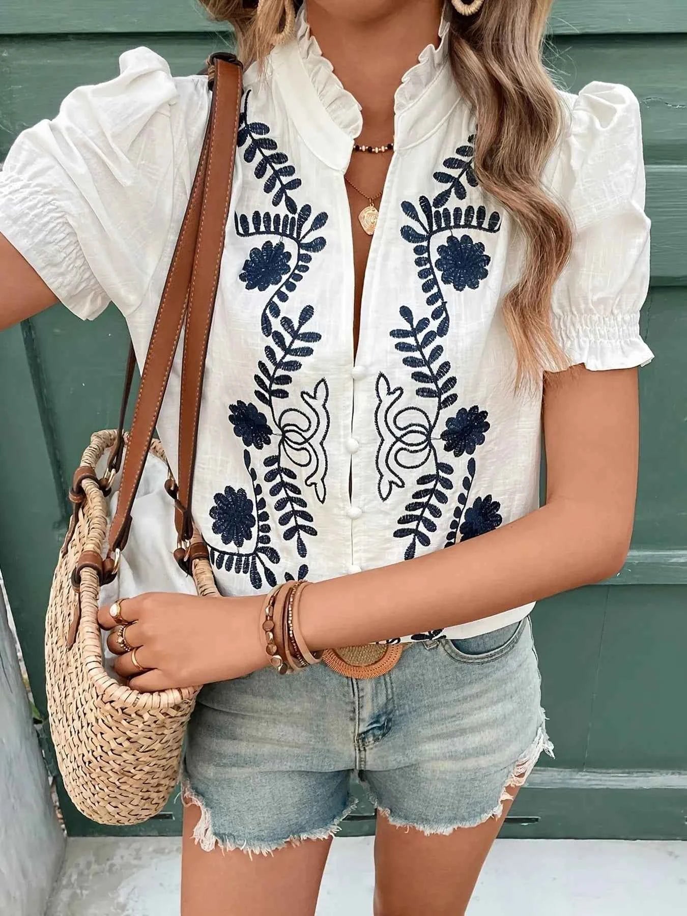 Embroidered Puff Sleeve Blouse White 8529ab119dce4785b354d7d410286690-Max-Origin