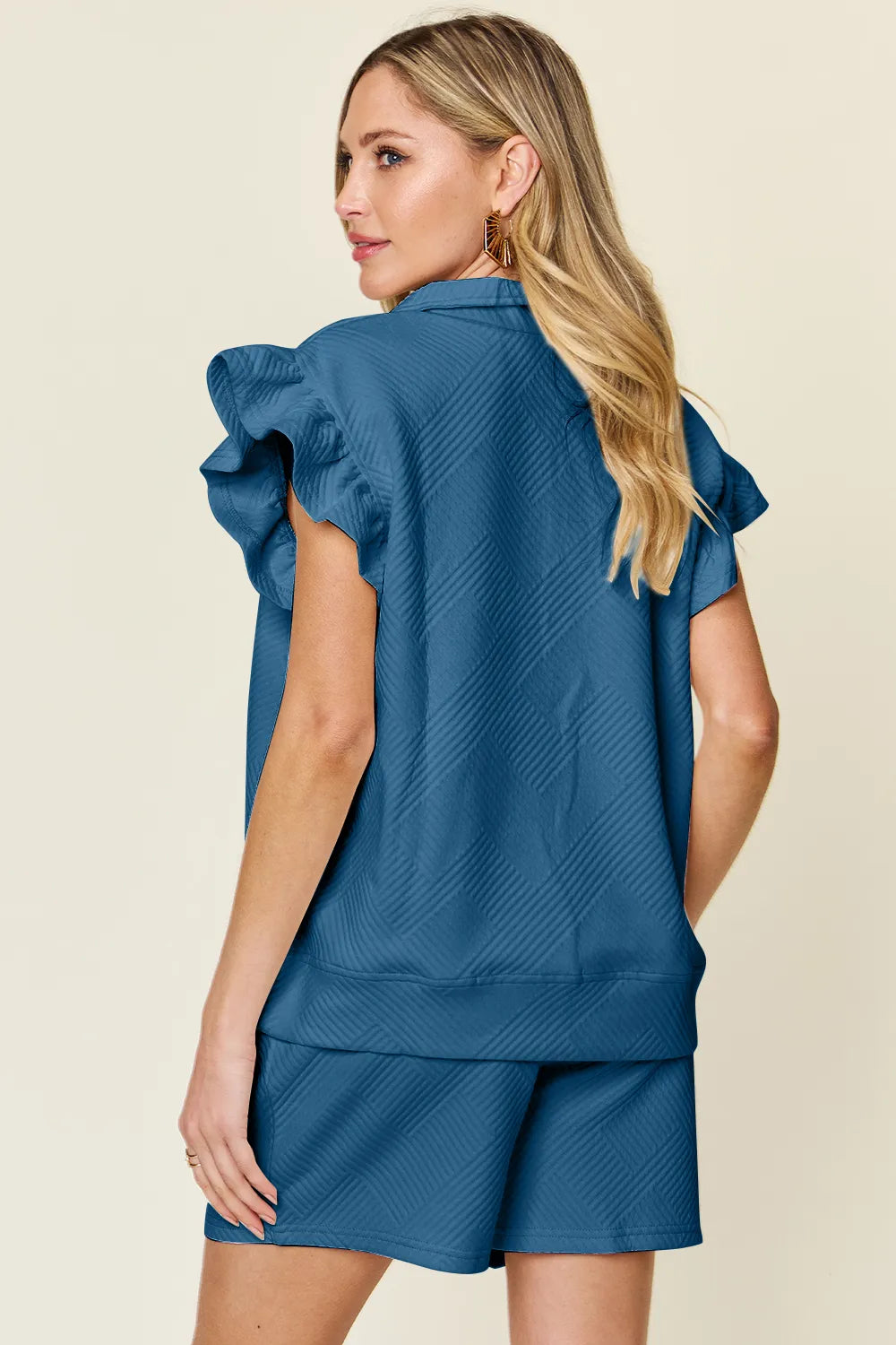 Double Take Full Size Texture Flounce Sleeve Top and Drawstring Shorts Set 852ad6f2-5c72-495d-8630-94e2f714dda5-Max