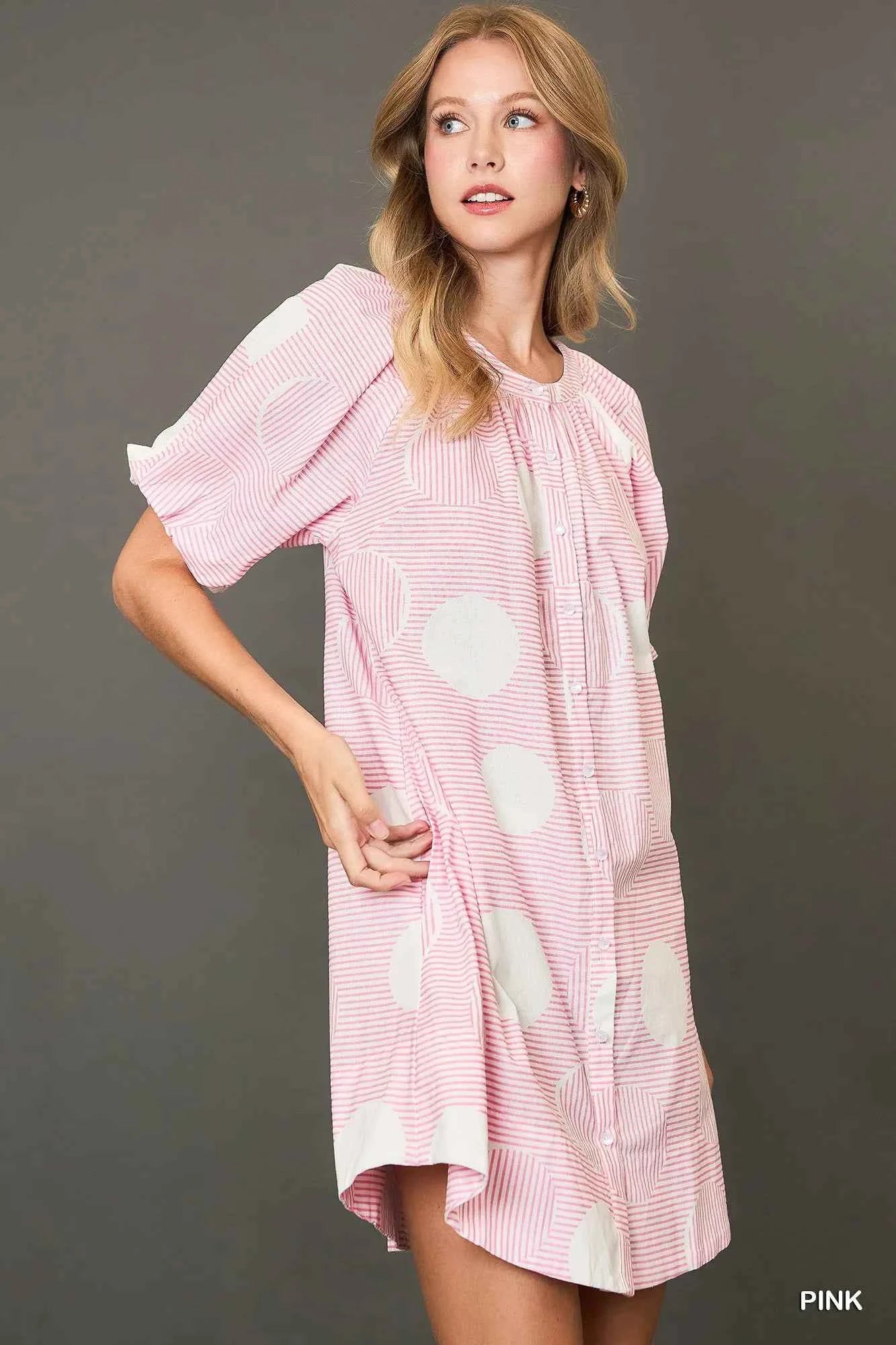 Umgee Stripe and Dot Print Button Down Puff Sleeve Mini Dress 852e60c3-da7a-4985-a0f2-98c7d6471a4e-Max-Origin