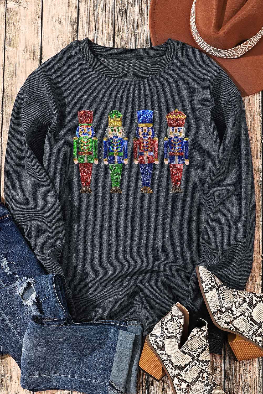Gray Christmas Nutcracker Graphic Sequins Patch Corded Baggy Sweatshirt 85304e5e08d88567