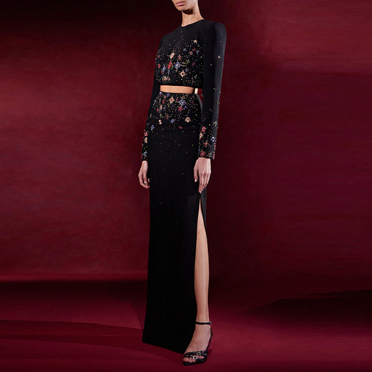 Beaded Short Top & Long Skirt Two-Piece Set