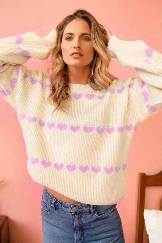 Valentine Heart Ribbed Knit Crewneck Sweater Pink 853241eb-69e0-498c-ad0c-e9849ba9e986