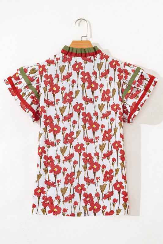 Floral Contrast V-Neck Ruffle Short Sleeve Blouse 8538e3df-9ae3-43f4-98c6-9ae4bd48cc6a