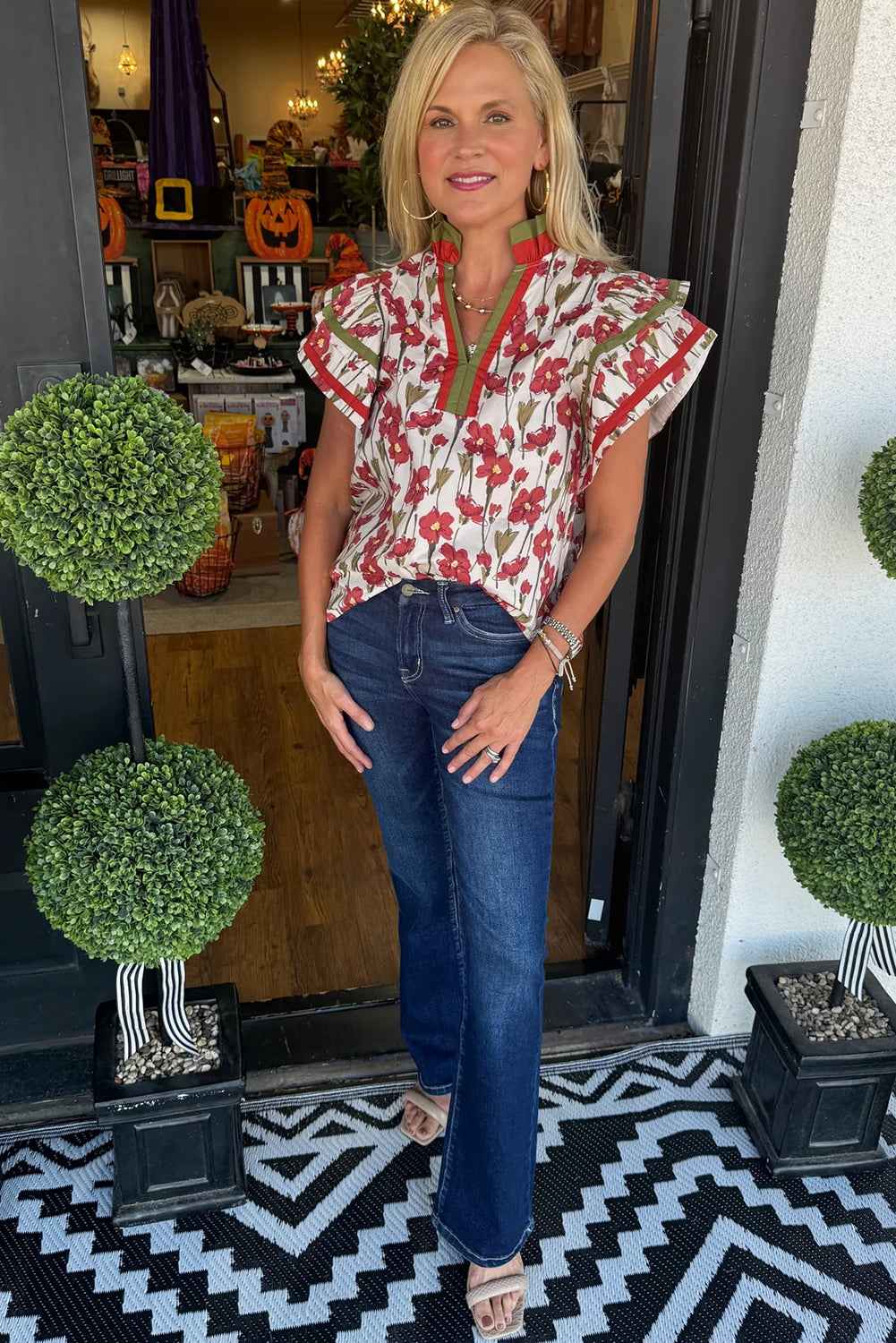 Pink Floral Print Contrast Trim V Neck Double Ruffled Short Sleeve Blouse 853a791c19b6109a