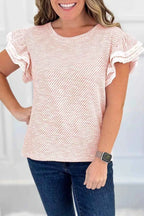 Twilled Print Lace Trim Ruffled Short Sleeve Blouse 853dfe8d-121c-44d1-a2aa-435b7b16d3b4-Max-Origin