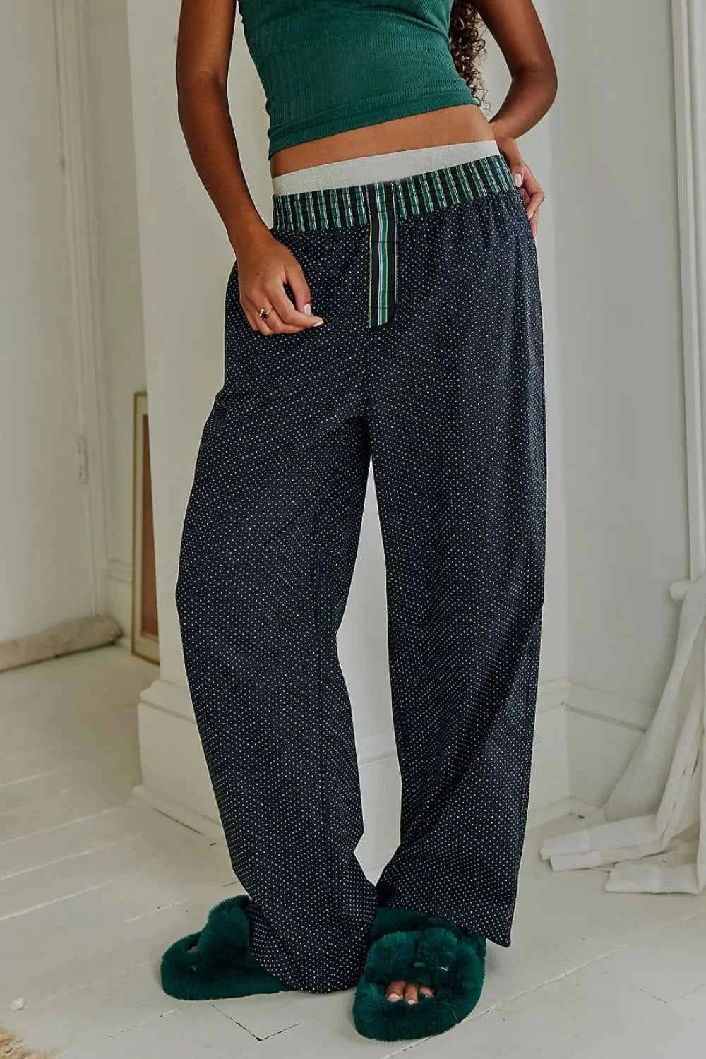 Polka Dot Elastic Waist Wide Leg Pants Black 85408b06-dc9e-48d6-b7e6-ac204541afda-Max