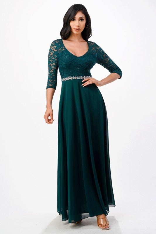 Plus Size A-Line Evening Dress – 3/4 Sleeve Lace Rhinestone Waist Gown Hunter 8542275c-9153-486d-9107-f76aff909a2a
