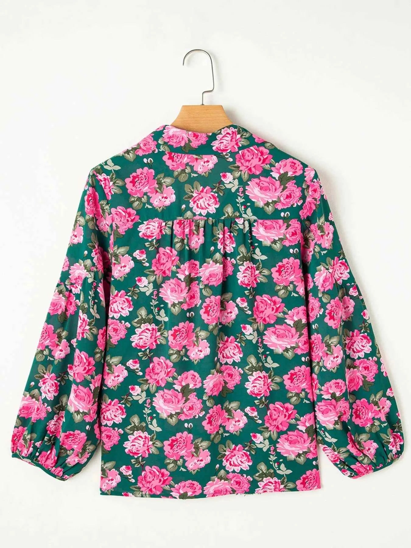 Floral Printed Tied Collar Puff Sleeve Blouse 85493788-e90c-4639-bcb6-9ed6c1602617-Max-Origin
