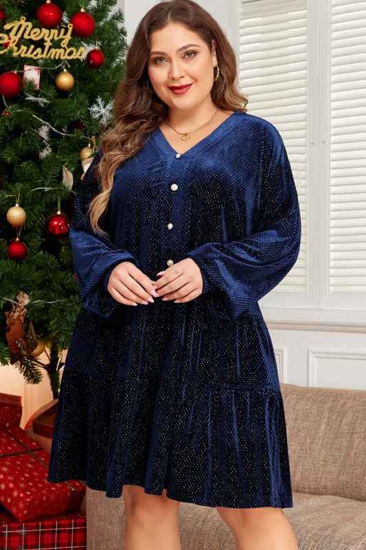 Plus Size Textured Velvet Buttoned Tiered Dress 854acd31-c899-4629-9e18-efa02d618dc0