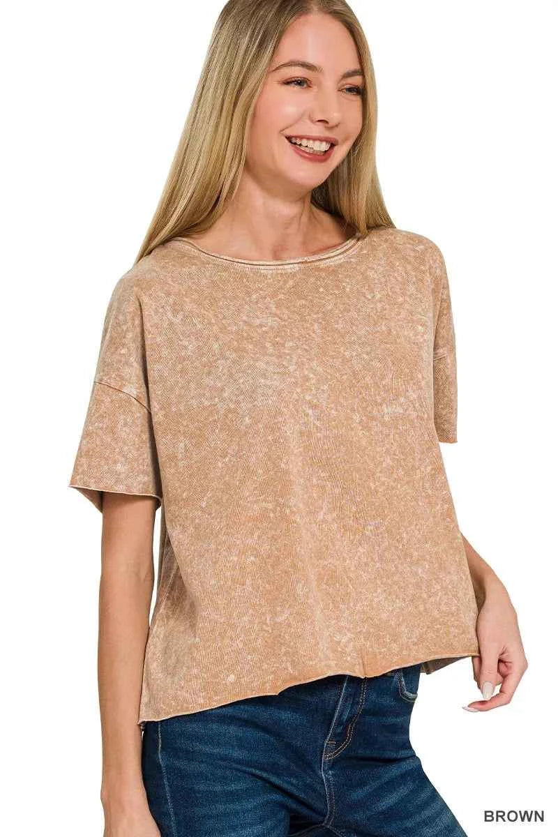 Zenana Halo Washed Cotton Short Sleeve Top BROWN 854ad7702d2847abbae64ad3df0ebc60-Max-Origin