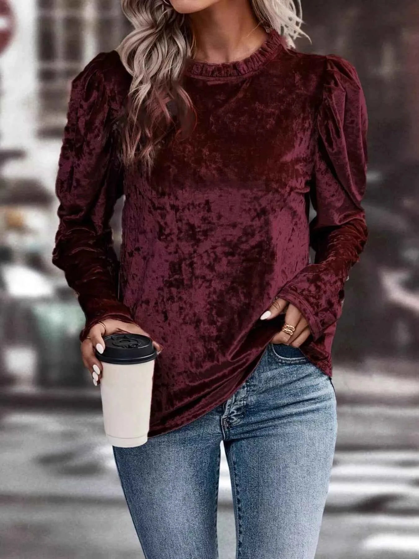 Velvet Frill Mock Neck Puff Sleeve Top Wine Red 8551a91a02b940708be609b07a33f8f2-Max-Origin