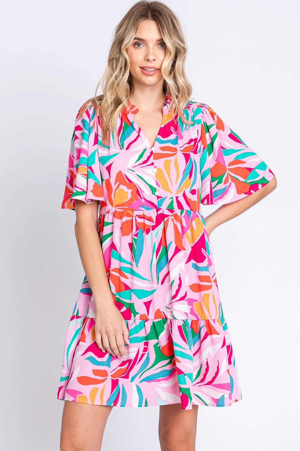 GeeGee Printed Short Sleeve Ruffle Hem Dress PINK GREEN 8555f261-cf7a-49a3-bbd8-b09dbff798d9-Max
