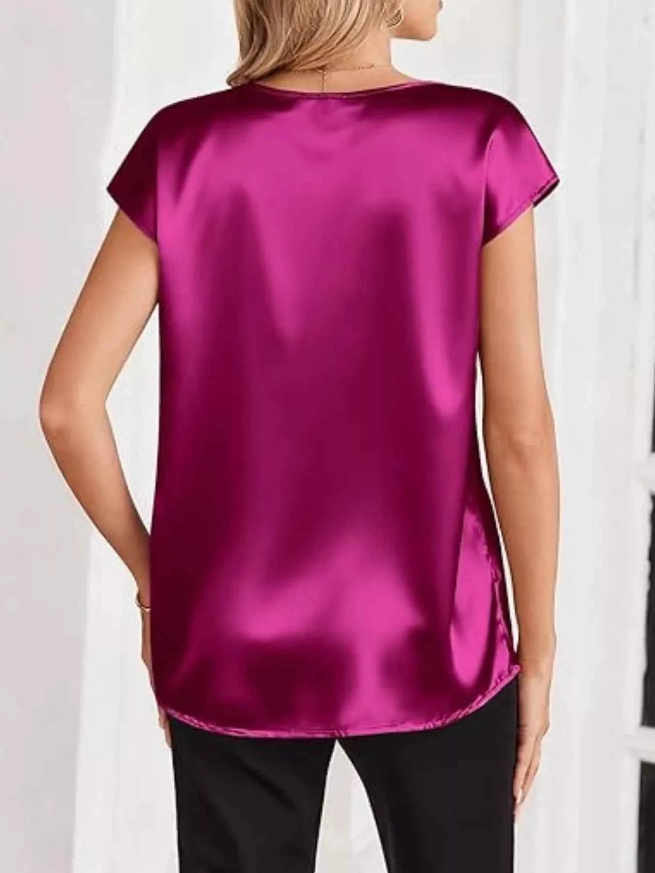 Satin V-Neck Short Sleeve Blouse 85591ca7-d90b-4f2c-b803-e7c22e7bc95c-Max-Origin