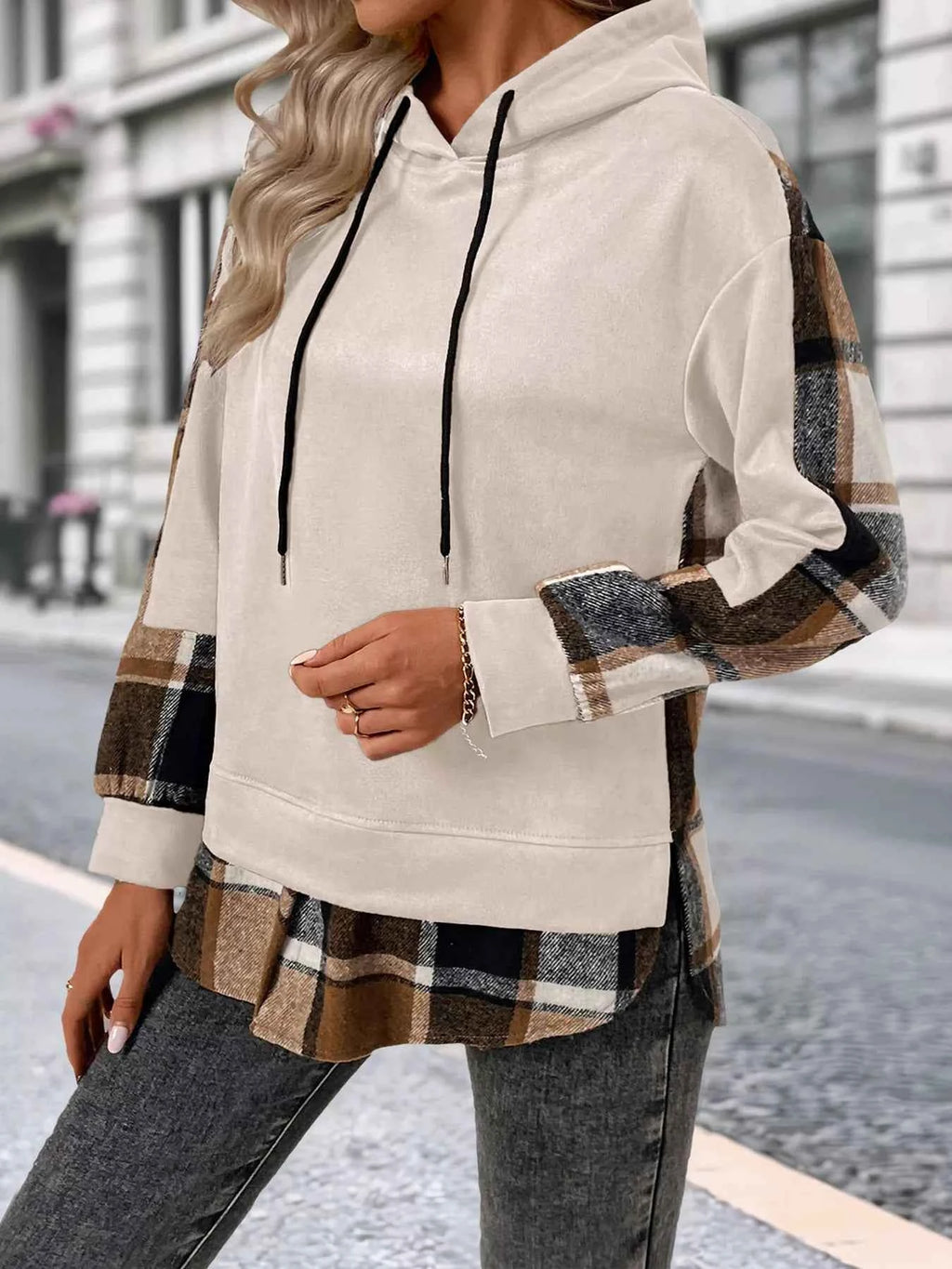 Plaid Drawstring Long Sleeve Hoodie 8559b6a6-c240-4291-8ffb-fd626fb5446d-Max-Origin