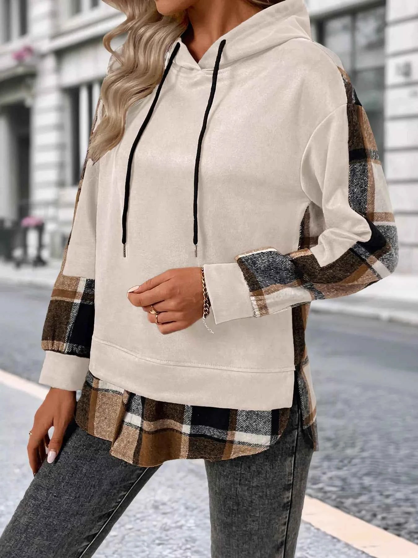 Plaid Drawstring Long Sleeve Hoodie 8559b6a6-c240-4291-8ffb-fd626fb5446d-Max-Origin