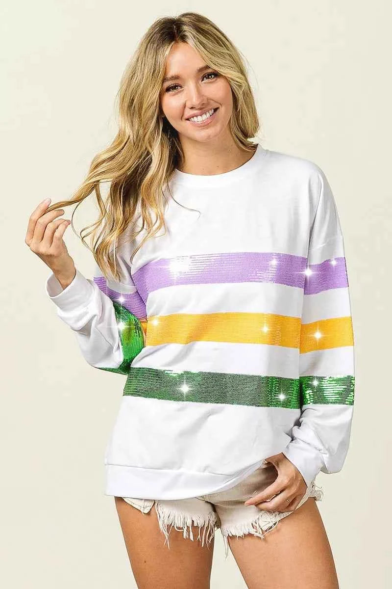 BiBi Sequin Mardi Gras Striped Round Neck Sweatshirt 8559f8d38e3e462a994410b8021c71c5-Max-Origin