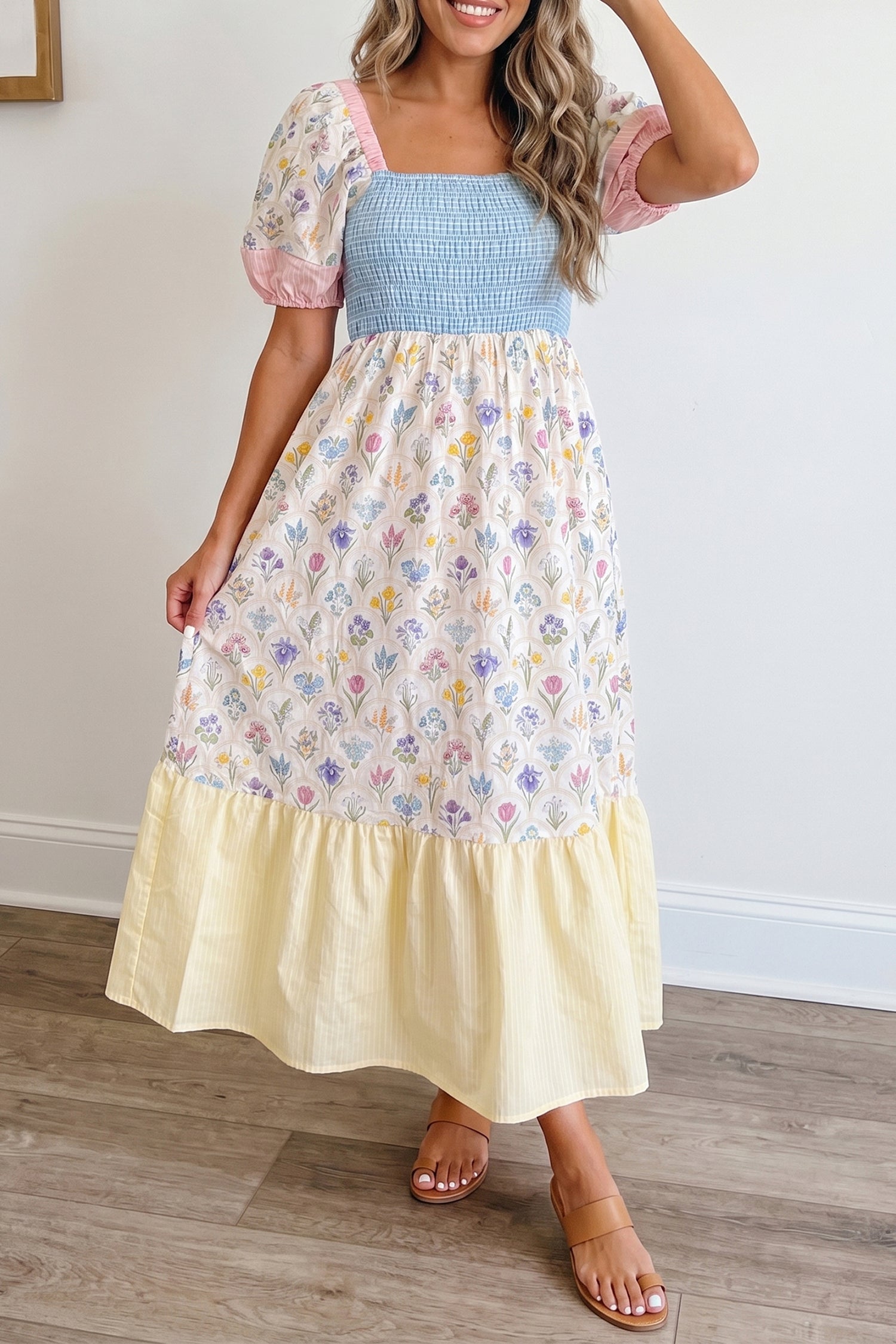 Multicolour Floral Print Striped Color Block Patchwork Square Neck Shirred Long Dress Multicolour 100%Polyester 855b905cca2ab133