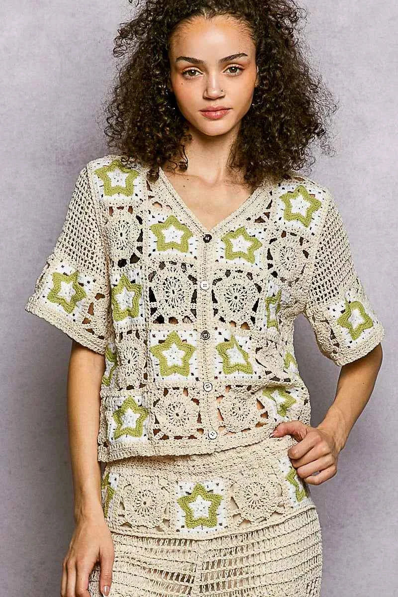 POL Button Front V-Neck Crochet Cardigan with Contast Star NATURAL OLIVE One Size 855e336f-b012-443b-84ce-afaaf2170075-Max-Origin