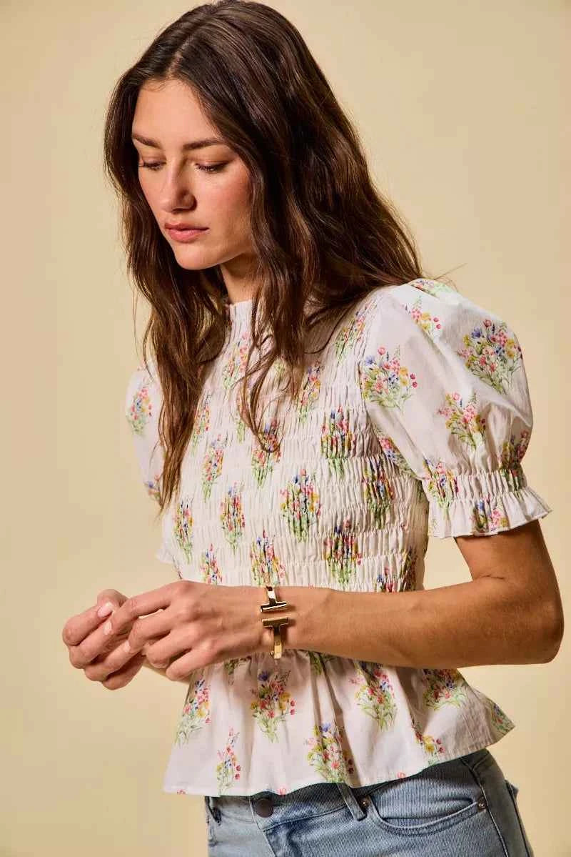 SO ME Floral Cotton Smocked Short Sleeves Blouse 8560a9939cbf44a58c64b5c1b145ad3a-Max-Origin