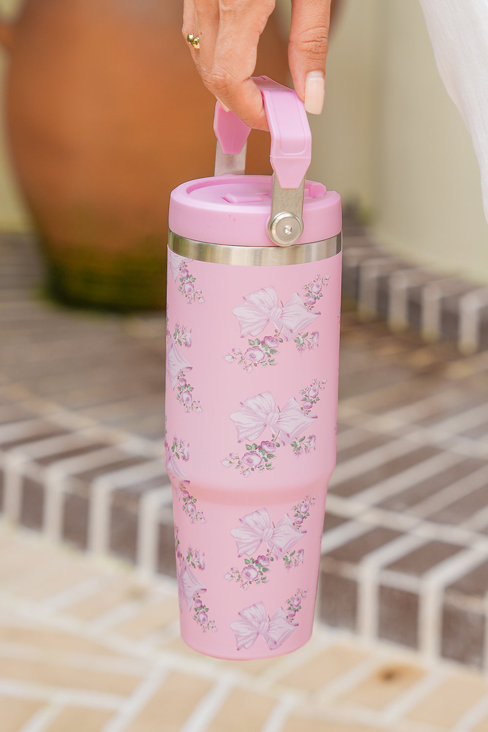 Pink Flower and Bowknot Graphic Tumbler Cup 85637ad95369aef9