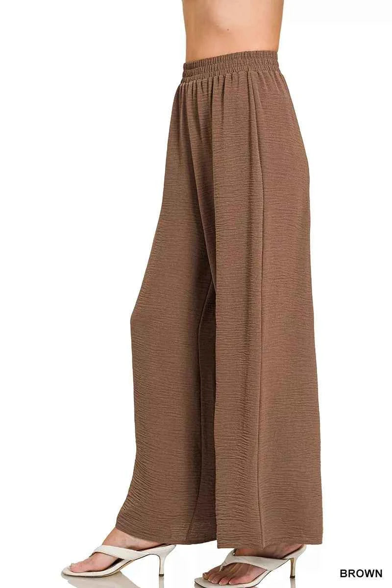 Zenana Woven Airflow Elastic Waistband Pants 8567ef9b3b5c4de382530ff1271b86ee-Max-Origin