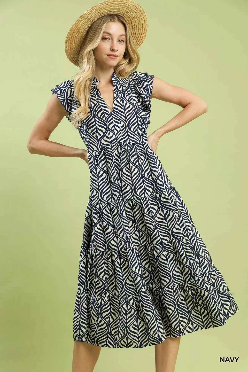 Umgee Leaf Print Tiered Midi Dress with Ruffle Detail NAVY 856a1691-9d9b-46f9-ac64-7fd187361bd0-Max-Origin