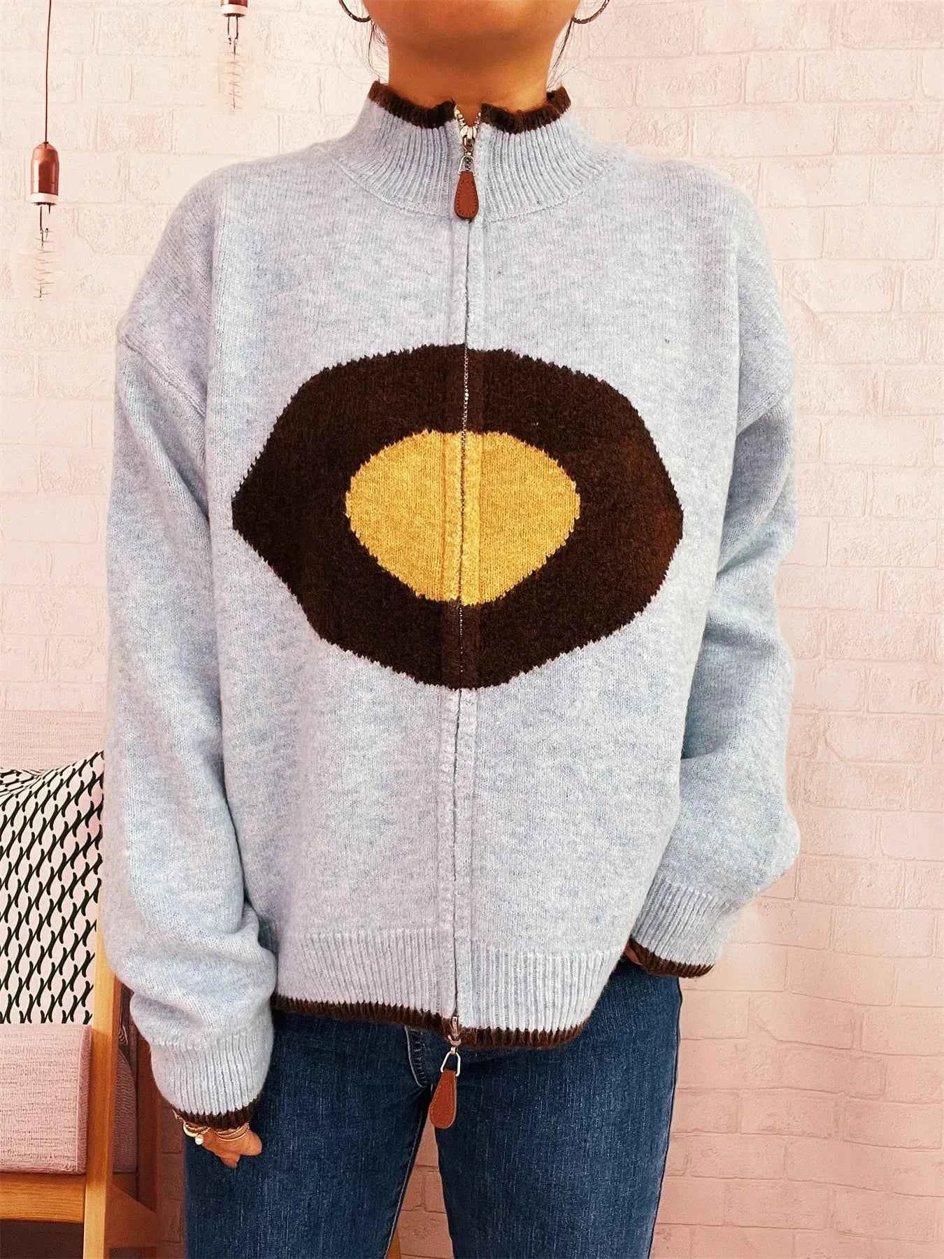 Zip-Up Contrast Trim Cardigan 蓝色 One Size 856a5df2c69245c381216ff469975c00-Max-Origin