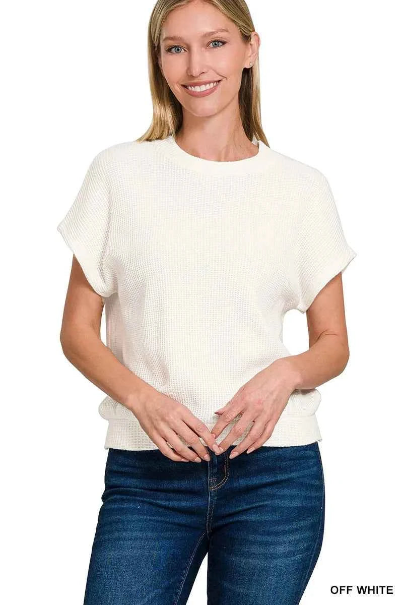 Zenana Round Neck Banded Botton Short Sleeve Sweater OFF WHITE 856bdf6879614a6eb4c2ec691457ff7a-Max-Origin