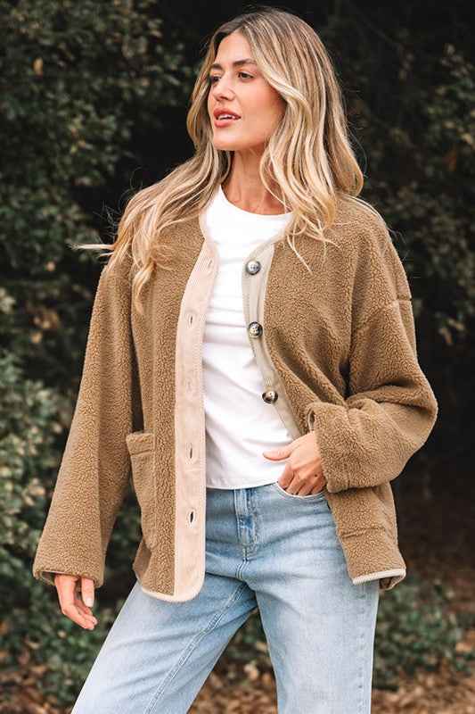 Fleece Corduroy Patchwork Button Up Jacket 856de156-49a3-405c-b1b5-1cbd3774ac05