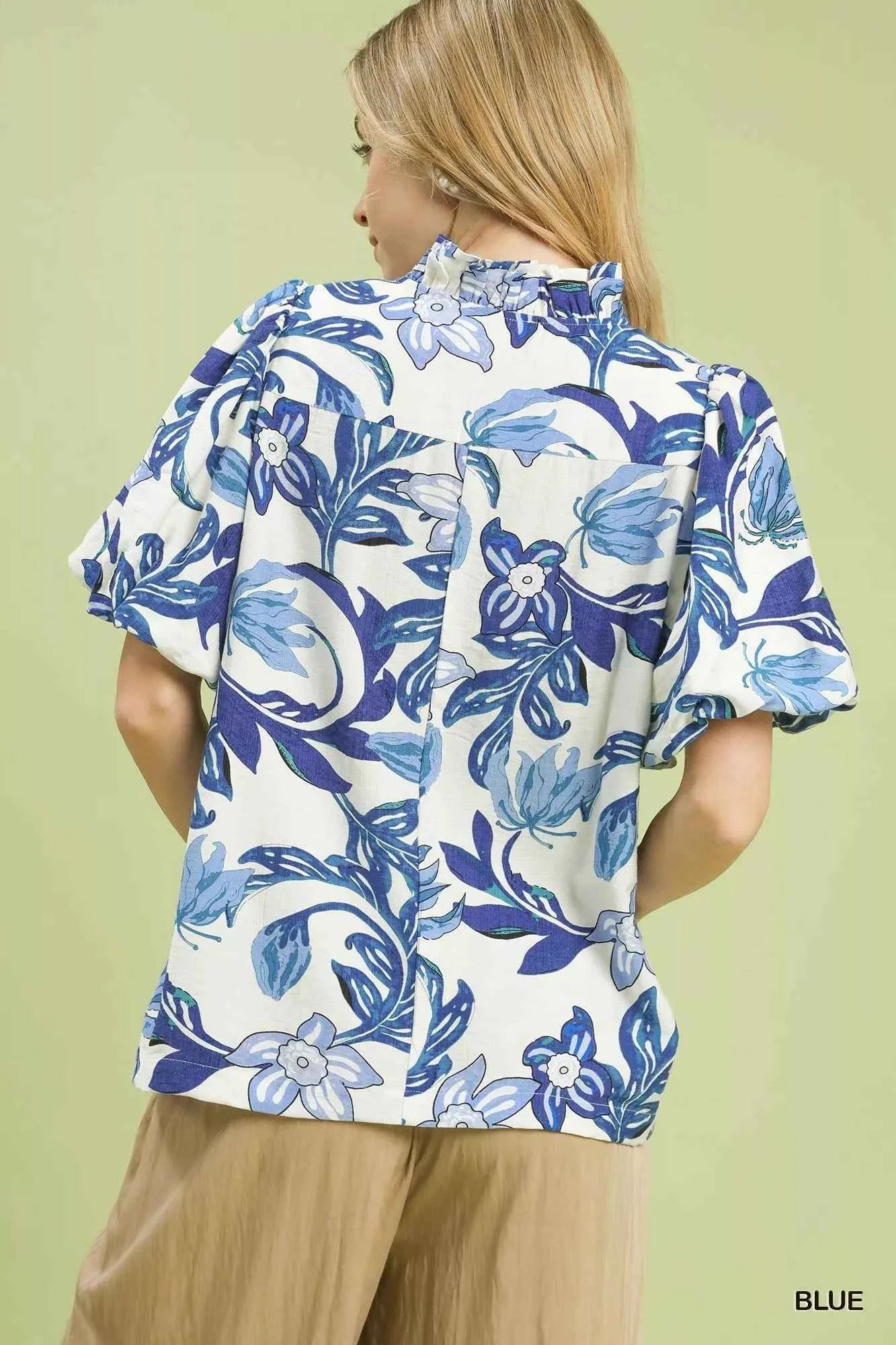 Lush Blossom Print Puff Sleeve Top with Ruffle Trim Detail 856f6833-819c-4382-ab84-6650f2836169-Max-Origin