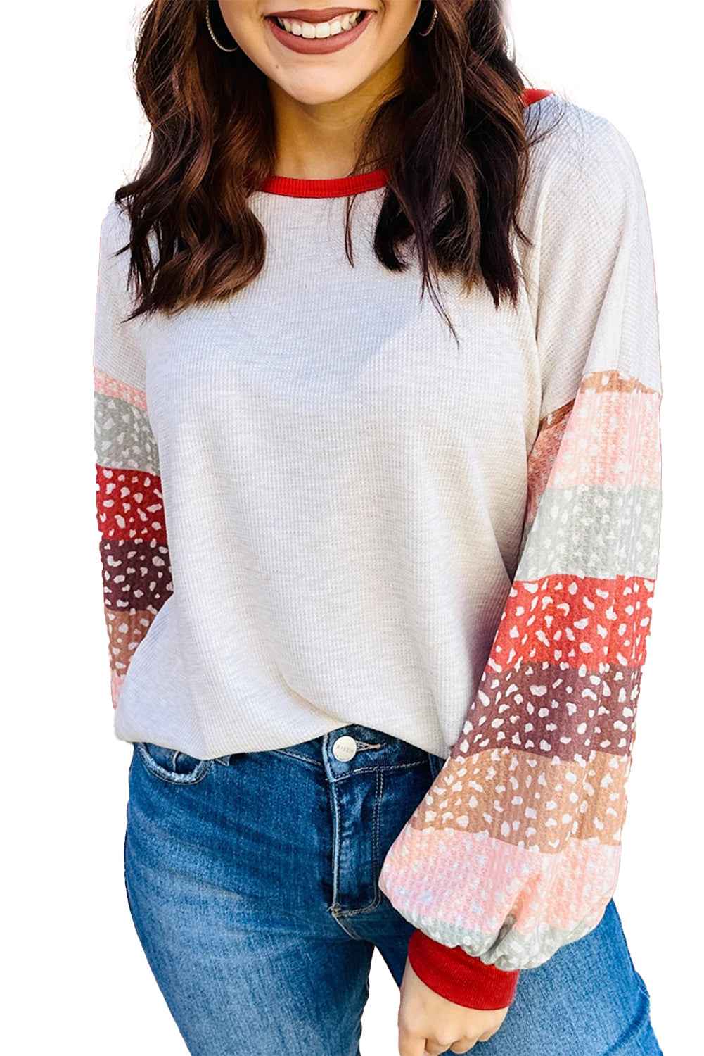 Contrast Leopard Color Block Sleeve Loose Pullover 8571e059ca31d08d