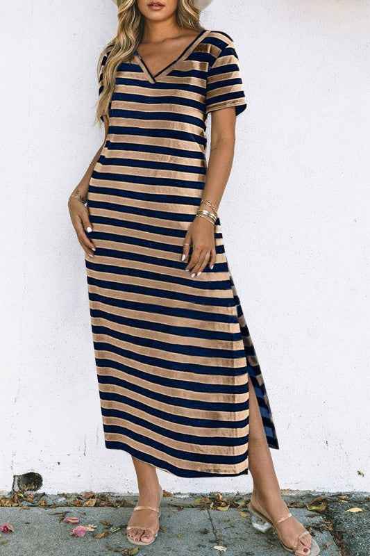 Stripe V-Neck Side Slit Maxi Dress Stripe 85768f4c-ca70-4870-92b3-0b3bfcba010f