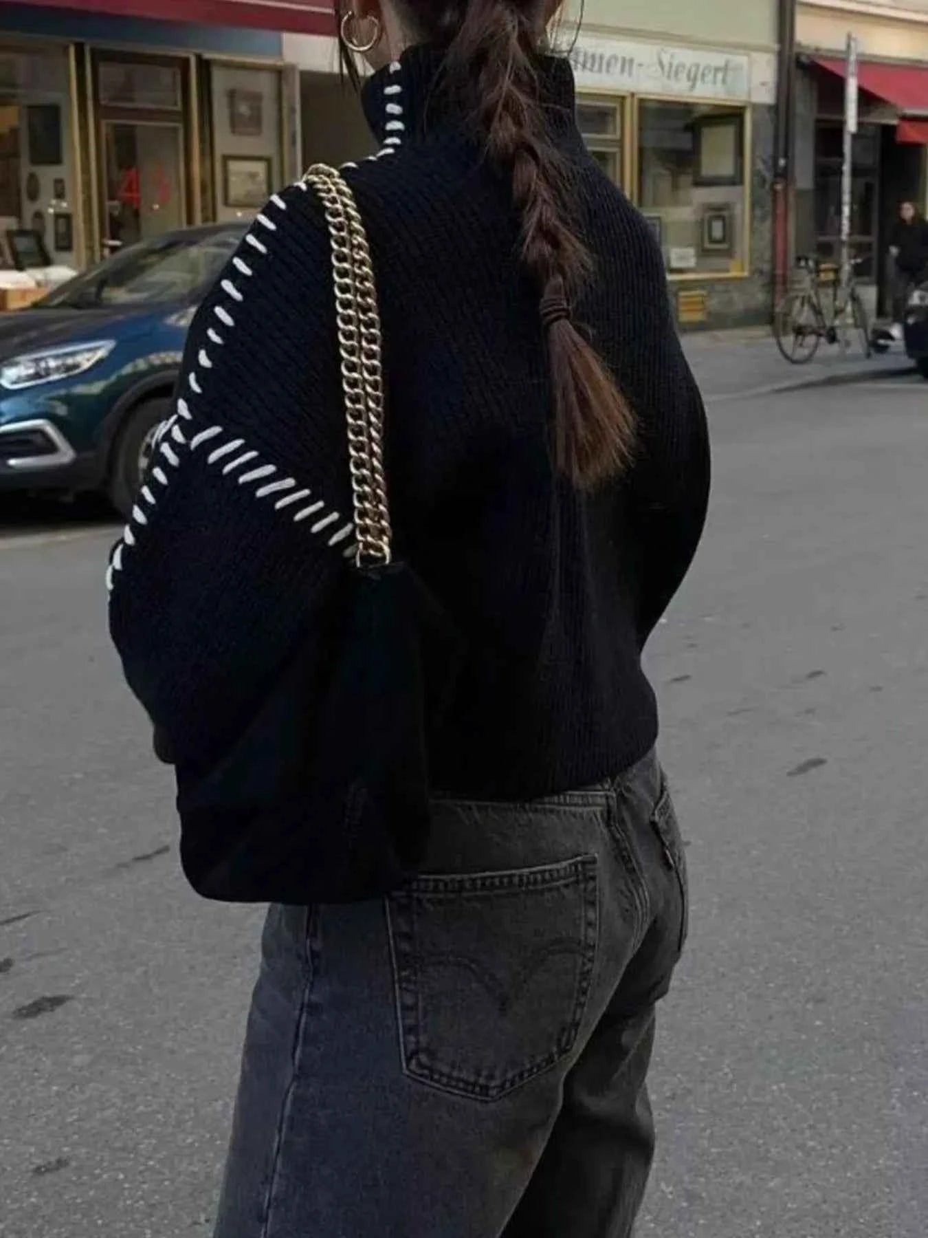 Contrast Mock Neck Long Sleeve Sweater