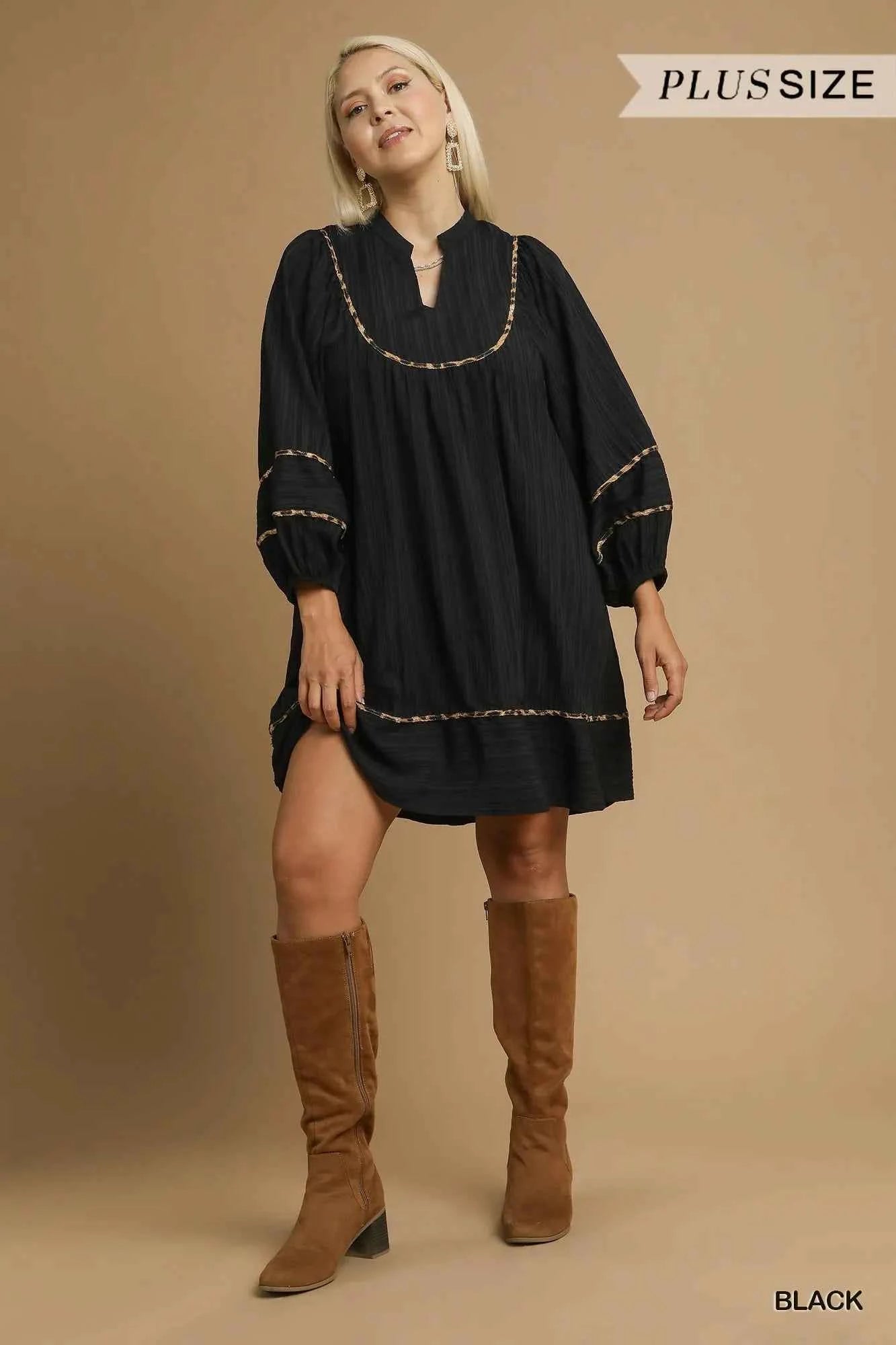 Umgee Full Size Textured Babydoll Dress with Leopard Trim Plus Size 85840582-5cd1-4977-9d66-3a645a386a6d-Max-Origin